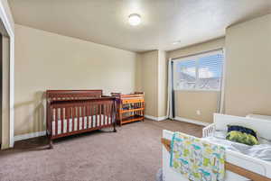 Carpeted bedroom featuring a textured ceiling