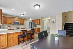 Kitchen with appliances with stainless steel finishes, sink, a kitchen breakfast bar, kitchen peninsula, and light hardwood / wood-style flooring