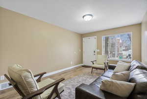 Living room featuring light hardwood / wood-style floors and a textured ceiling