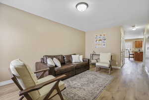 Living room with light hardwood / wood-style flooring and a textured ceiling