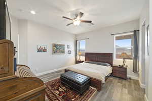 Bedroom featuring ceiling fan, light hardwood / wood-style floors, and multiple windows