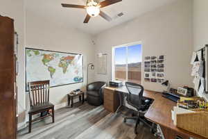 Office featuring wood-type flooring and ceiling fan