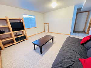 Living room with carpet floors and a textured ceiling