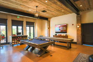 Recreation room featuring billiards, beam ceiling, and wooden ceiling