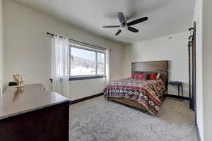 Carpeted bedroom with ceiling fan