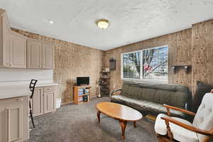 Carpeted living room with a textured ceiling