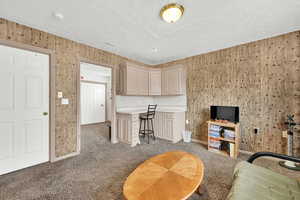 Interior space featuring a textured ceiling and wood walls