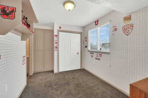 Interior space with carpet floors and a textured ceiling