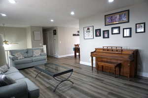 Living room with ceiling fan, dark wood-type flooring, and a textured ceiling