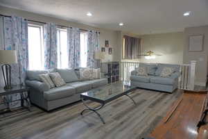 Living room featuring wood-type flooring and a textured ceiling