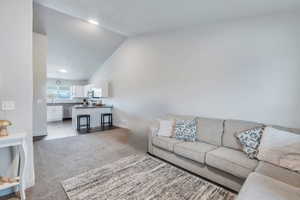 Living room with high vaulted ceiling, sink, and carpet floors