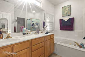 Bathroom featuring plus walk in shower, plenty of natural light, and vanity