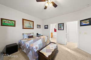 Bedroom featuring ceiling fan, ensuite bath, and light carpet