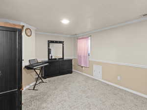 Miscellaneous room with ornamental molding and light carpet