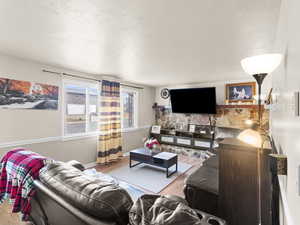 Living room with hardwood / wood-style floors and a textured ceiling