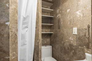 Bathroom with a shower with shower curtain and toilet