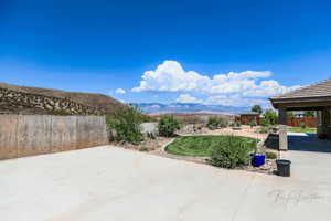 View of patio with a mountain view