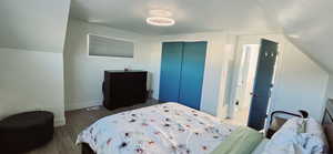 Bedroom featuring dark hardwood / wood-style flooring, vaulted ceiling, and a closet