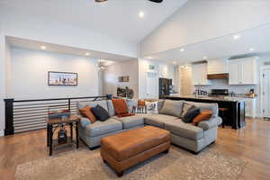 Living room featuring high vaulted ceiling and light hardwood / wood-style flooring