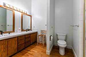 Bathroom featuring vanity, hardwood / wood-style flooring, and toilet