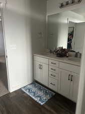 Bathroom featuring vanity and hardwood / wood-style floors