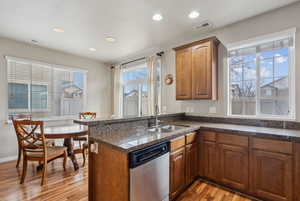 Kitchen with dishwasher, sink, light hardwood / wood-style floors, and kitchen peninsula