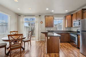 Kitchen featuring sink, light hardwood / wood-style flooring, appliances with stainless steel finishes, a wealth of natural light, and dark stone counters