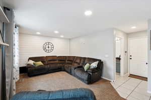 Living room with light colored carpet