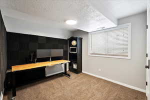 Carpeted home office featuring a textured ceiling