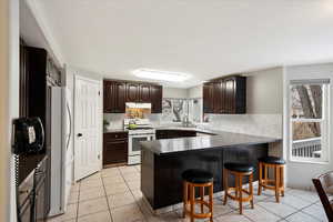 Kitchen with white range with gas cooktop, stainless steel fridge, kitchen peninsula, and a kitchen bar