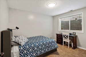 Bedroom featuring carpet floors and a textured ceiling