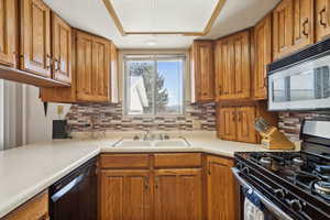 Kitchen with a tray ceiling, sink, decorative backsplash, and appliances with stainless steel finishes