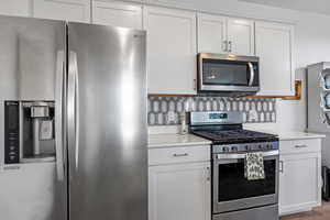 Kitchen with white cabinetry, appliances with stainless steel finishes, hardwood / wood-style floors, and backsplash