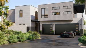 Modern home featuring a garage