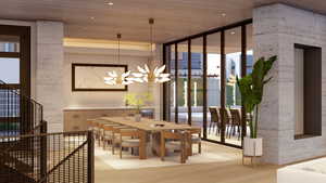 Dining room with a chandelier, wood ceiling, a wall of windows, and light hardwood / wood-style flooring