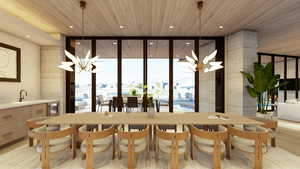 Dining space featuring sink, wood ceiling, a notable chandelier, light hardwood / wood-style floors, and expansive windows