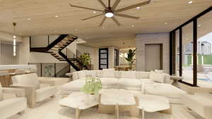 Living room with wood ceiling and expansive windows