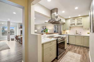 Kitchen with sink, tasteful backsplash, island exhaust hood, stainless steel appliances, and light hardwood / wood-style floors