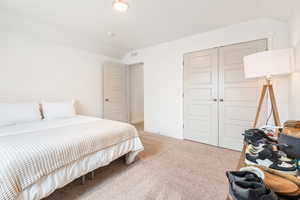 Carpeted bedroom with vaulted ceiling and a closet