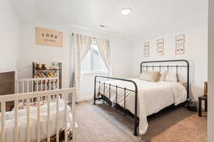 Carpeted bedroom featuring vaulted ceiling