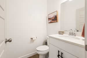 Bathroom featuring vanity, hardwood / wood-style floors, and toilet