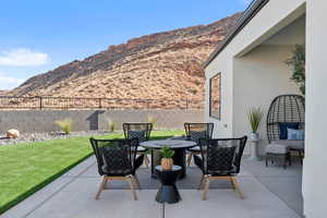 View of patio with a mountain view