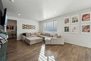 Living room featuring dark hardwood / wood-style flooring