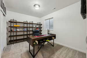 Carpeted home office with a textured ceiling