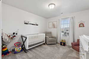 Bedroom with a nursery area and carpet