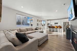 Living room featuring dark hardwood / wood-style flooring