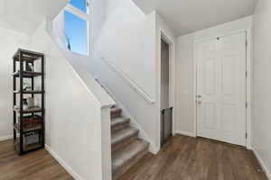 Foyer entrance with dark wood-type flooring