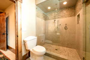 Bathroom with a tile shower and toilet