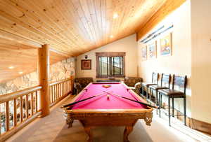 Rec room with pool table, lofted ceiling, carpet flooring, and wooden ceiling