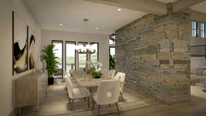 Dining room featuring beamed ceiling, a chandelier, and light wood-type flooring